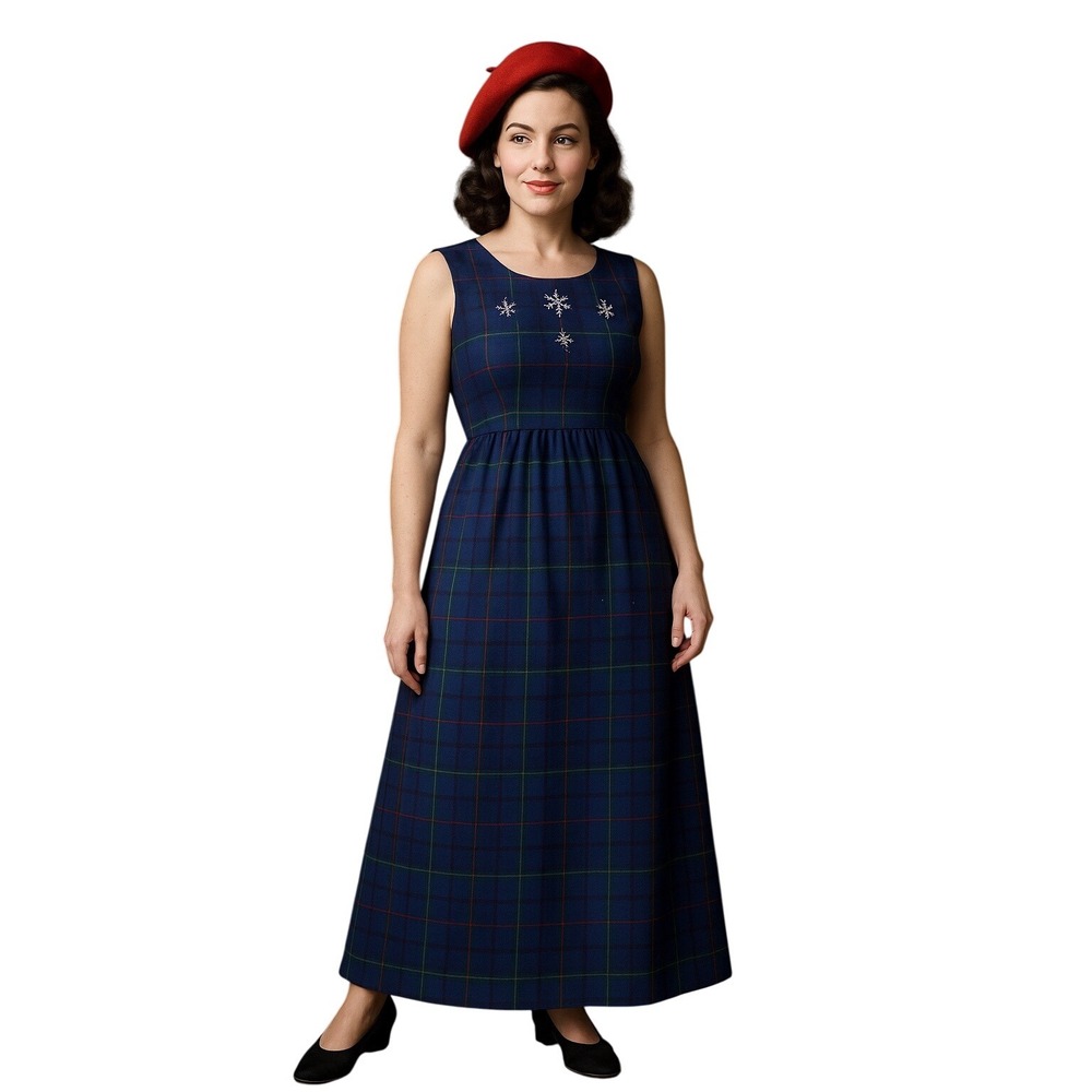 VTG Bobbie Brooks Holiday Maxi Dress Blue Tartan Plaid Y2K Cottagecore Xmas
